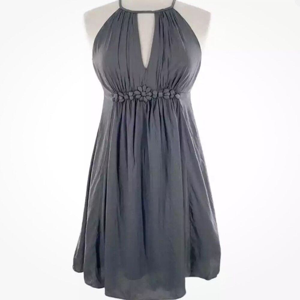 Esley Women's Black Floral Waist Satin Halter Dress Knee Length Size Small